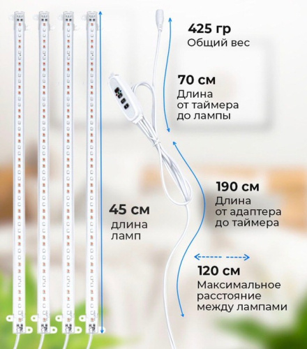 Фитосветильник 40Вт 4 лампы д/растений и рассады с таймером полный спектр FS404СТ